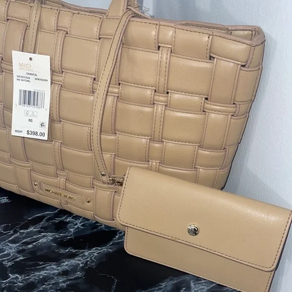 MICHAEL KORS Ivy Tote Bag & Wallet Woven Synthetic Leather 2pc Handbag AUTHENTIC - Picture 4 of 13